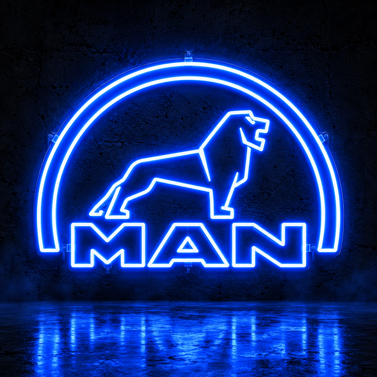 MAN logo LED sign with lion in blue