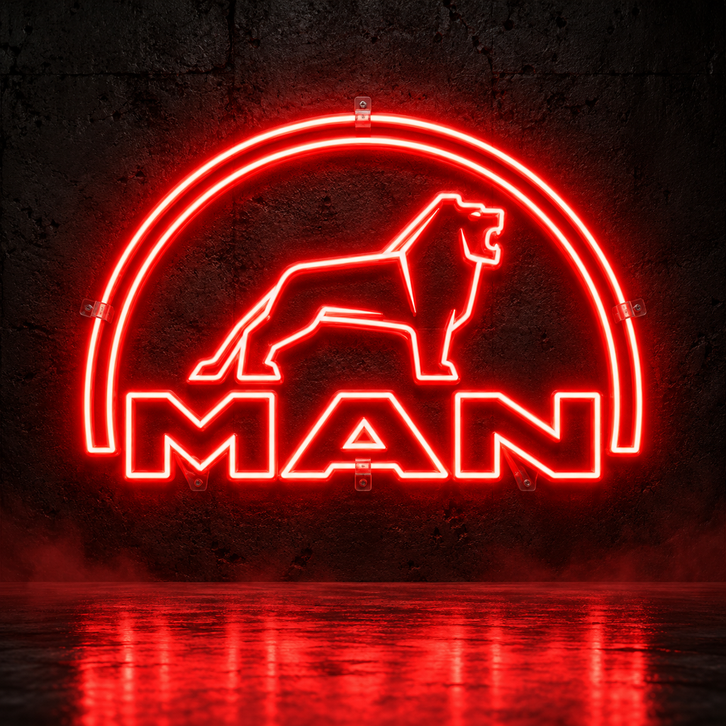MAN logo LED sign with lion in red
